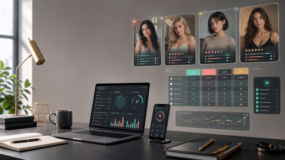 AI companion review desk with comparison panels