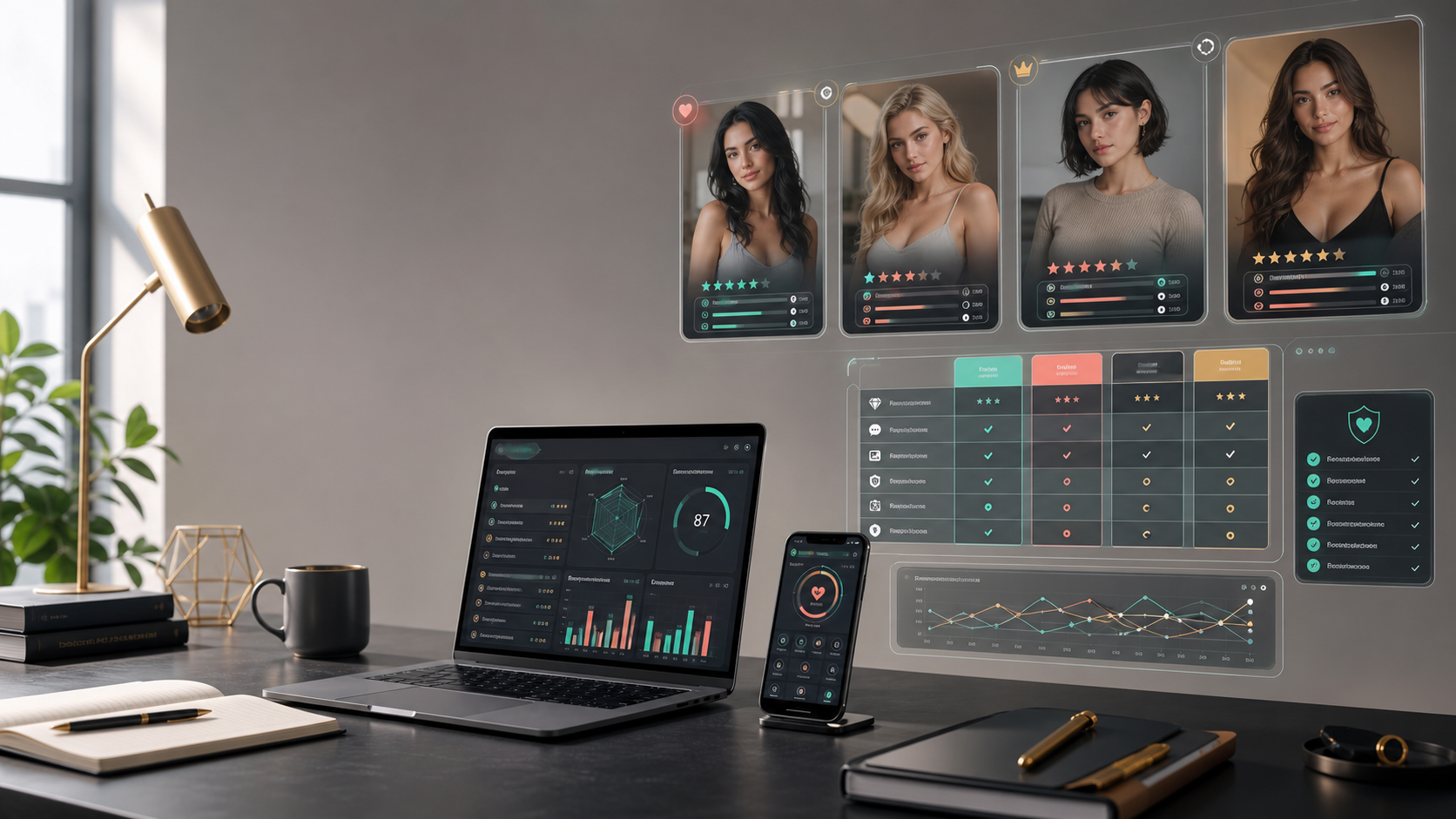 AI companion review desk with comparison panels